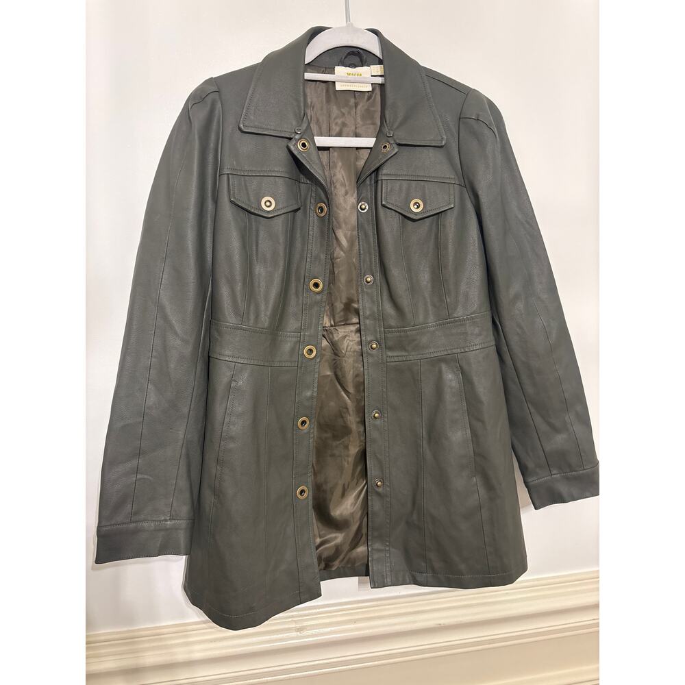 Maeve by Anthropologie Kellie Faux Leather Coat Gray Green Size 4